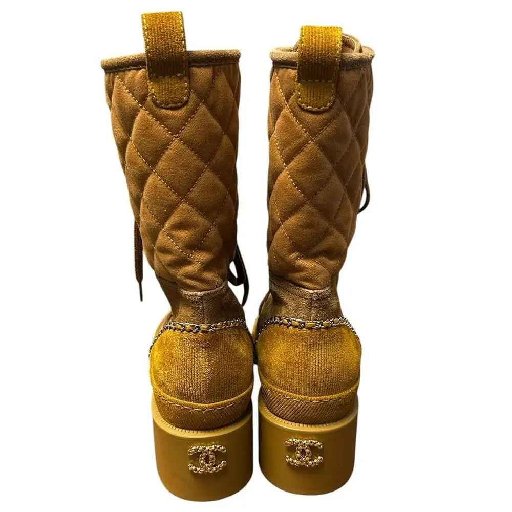 Chanel Quilted Suede Calfskin Chunky Heel Lace Up Combat Boots Womens 39 / US 9